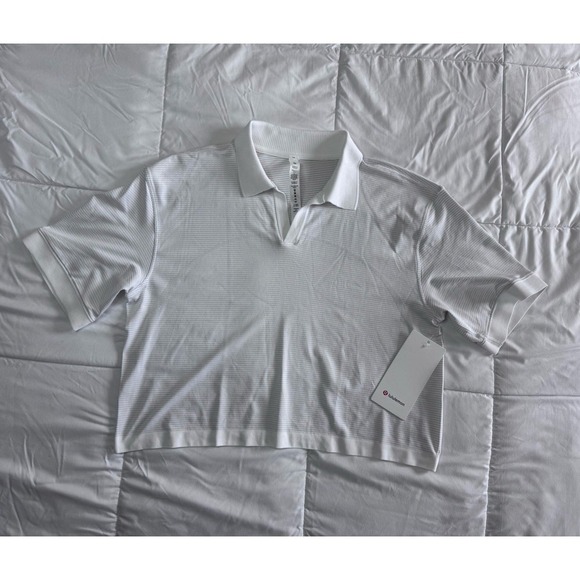 New Lululemon Womens White Swiftly Tech Relaxed Fit Striped Crop Polo Shirt 10 - Picture 1 of 10